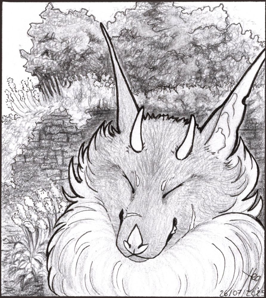 Traditional pencil portrait of a horned hybrid creature largely based around flying fox bats. It is smiling with its eyes closed. The background features a stone wall and plants.