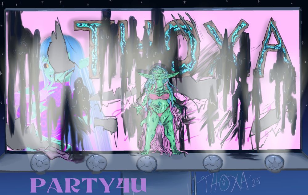 digital art of a giant ruined pink billboard bearing Thoxa's 3D model face and logo. It is ripped in various places and splashed with black paint. Thoxa is standing in pink bra and panties against the billboard and before the bright floodlights on the edge, smeared all over with black paint, head tipped back and crying, with her long hair mussed and also paint smeared in spots. below is the text PARTY4U and the artist signature 