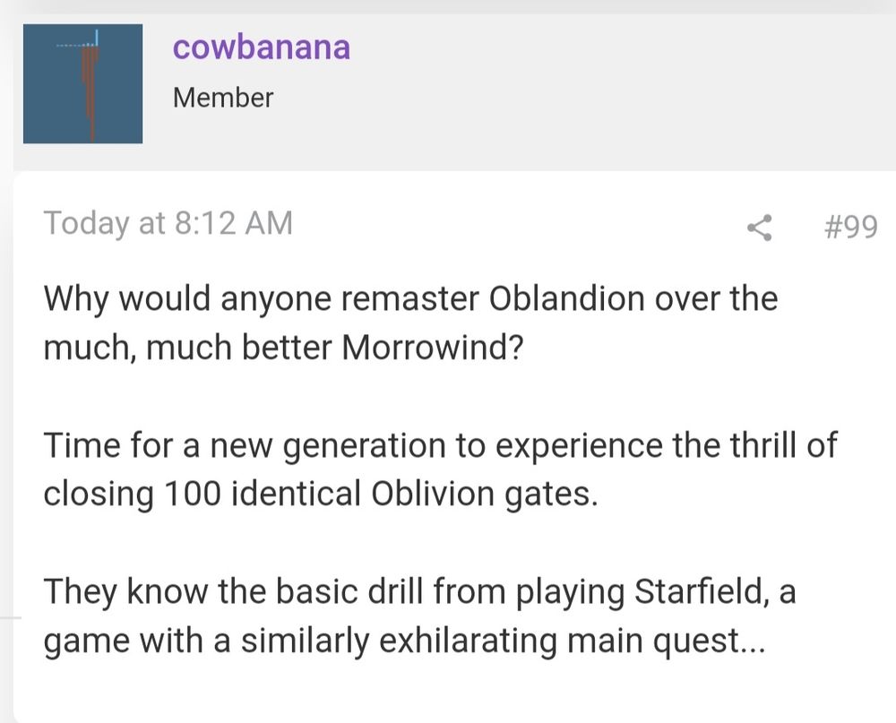 An old person on ResetEra wonder why Betheda remade the much superior Oblivion instead of the archaic Morrowind.