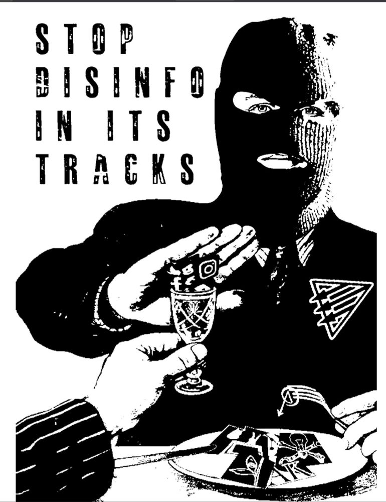 Cover image of the zine "Stop Disinfo In Its Tracks" written by Pride Was A Riot, Sac. Top left reads downwards the title. Ski masked person with a Queer Front on his jacket is using his right hand to push away a glass cup of social media logos with another person's left hand holding the glass. The ski masked person is using their left hand to consume anarchist literature.