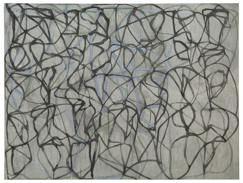 a web of attenuated black lines as if a sheet of chinese calligraphy was drifting apart on the surface of a mottled gray pool, with pale reflections of it underneath, but it's nine feet tall and twelve feet wide and dwarfs you. brice marden's cold mountain 2 (1992, there are more). in the hirshhorn collection. rip