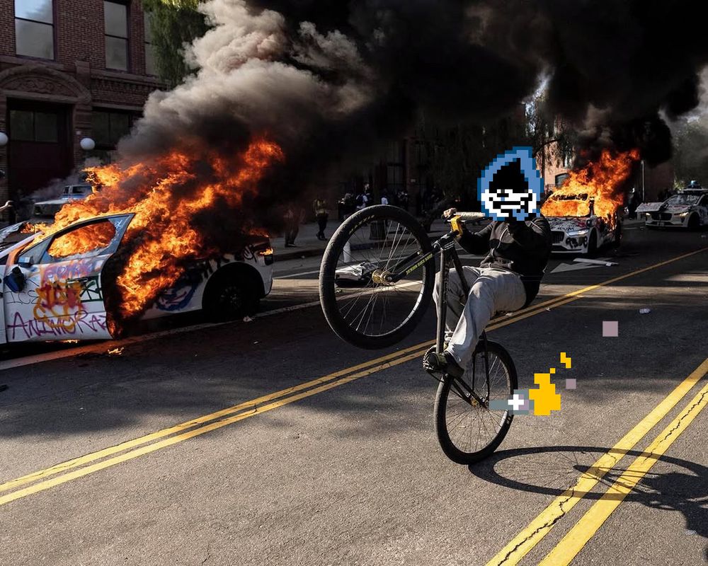 Lancer deltarune riding away on the streets of LA as taxis burn.