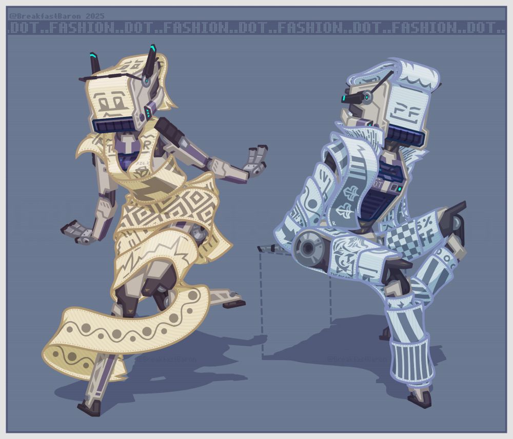 Two drawings of a bipedal robot printer wearing mock clothes fashioned out of reused printer paper. One is styled after a 60s / 70s sun dress, and the other a boldly patterned suit.