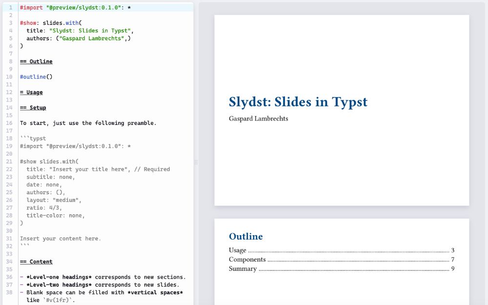Typst interface showing an example of Slydst code and the resulting slides.