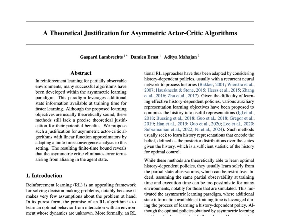 Title page of the paper "A Theoretical Justification for Asymmetric Actor-Critic Algorithms", written by Gaspard Lambrechts, Damien Ernst and Aditya Mahajan.