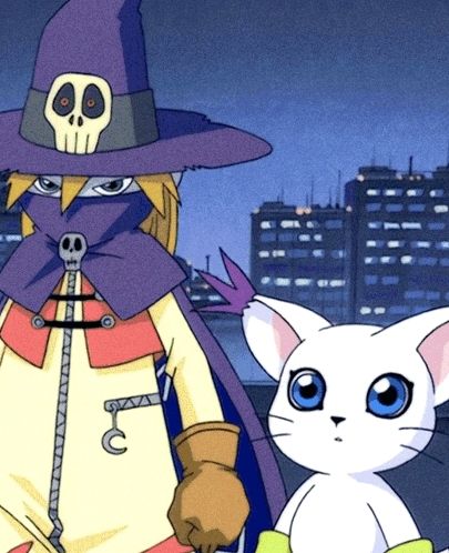 a cartoon character with a skull on his hat stands next to a cat