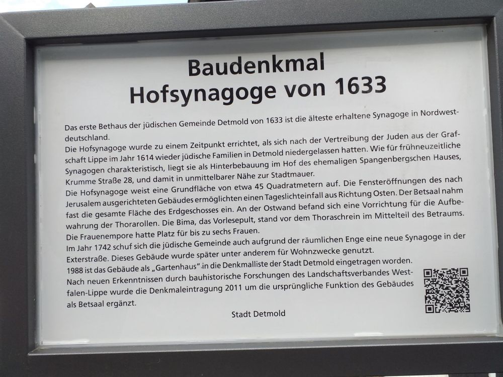 Infotafel zur ehemaligen Hofsynagoge in Detmold