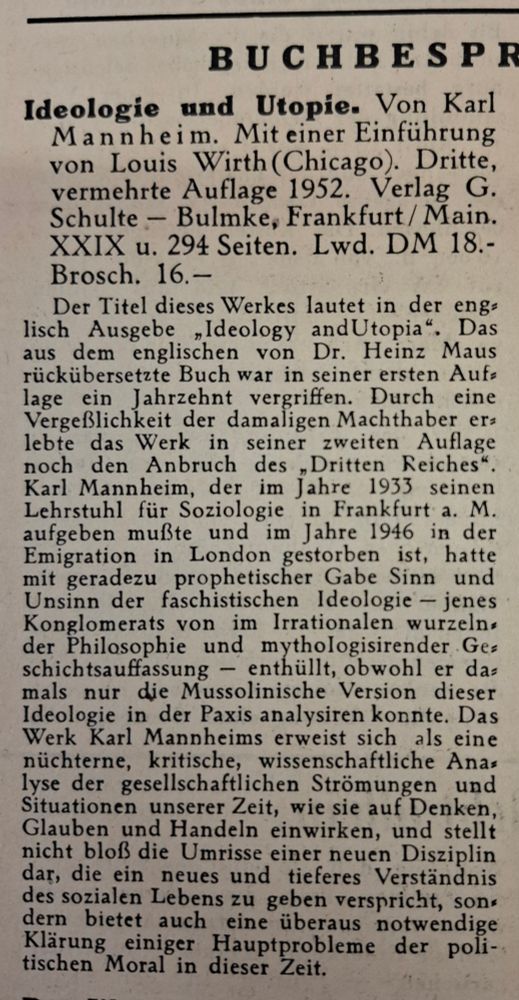 Rezension von Karl Mannheim, Ideologie und Utopie