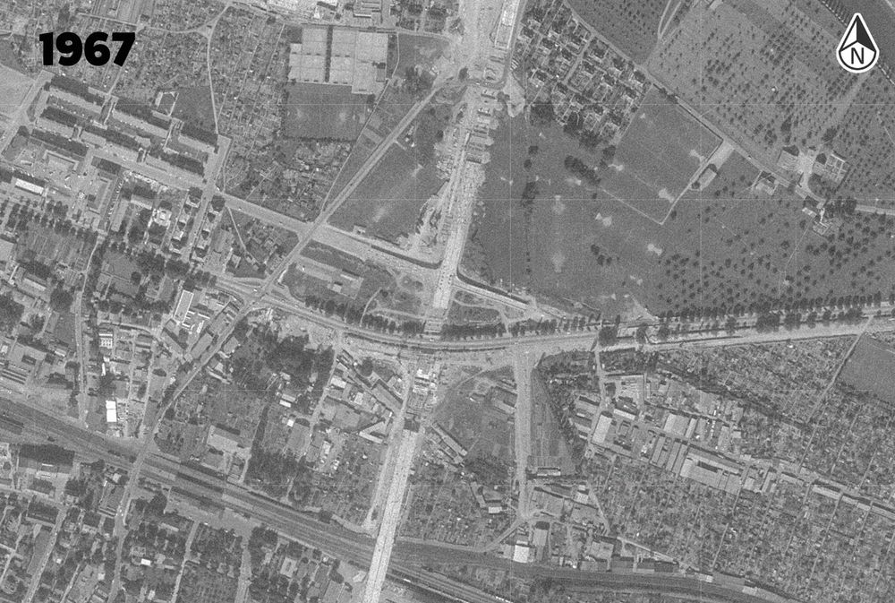 schwarzweiss bilder aus der Lust, einmal mit einer normalen Strasse 1967, einmal die gleich Perspektive mit einer Autobahn 1990