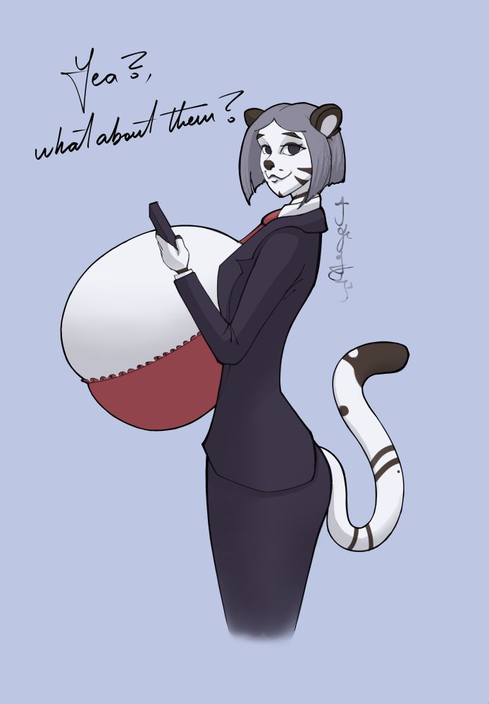 Cilla looking at the camera, staring while her (very) generous breasts are hanging without her suit covering them. 
(text- Yea?, what about them?)