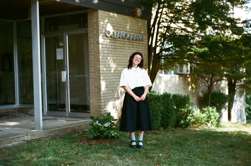 Casey stands in front of the Oceanography Building at the Lamont-Doherty Earth Observatory where she completed her PhD.