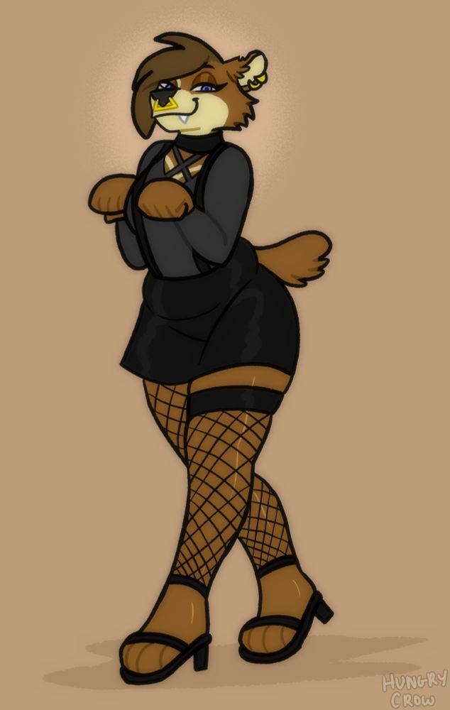 Andrea wearing a skirt, v neck, fishnets and sandals 