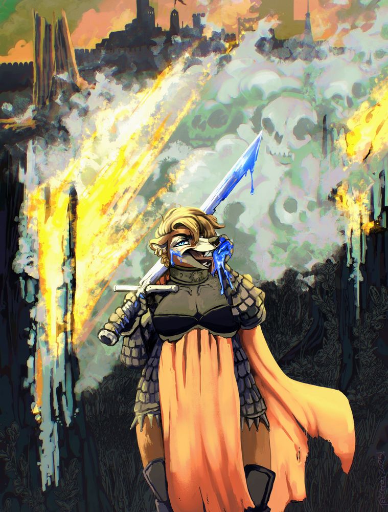 Andrea in knight armor, holding a broadsword over one shoulder, blue blood dripping off of it while she licks the same substance off her free arm/gauntlet. In the background are burning trees with skulls forming in the smoke, as well as a burning castle in the far background.