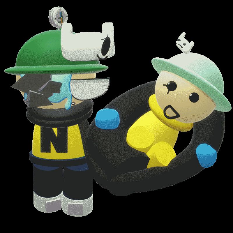 Namdo in his cheating form holding his younger self with his scarf, they both have flying stickers in their head, Cheating Namdo admires the baby, while the baby's sticker doesn't have a single braincell.