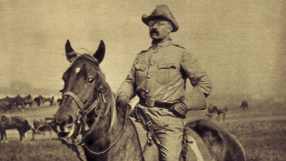 26th President of the United States of America Theodore Roosevelt riding a horse.