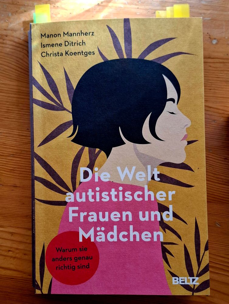 Foto vom Buchcover von 
"Die Welt autistischer Frauen und Mädchen. Warum sie anders genau richtig sind" von Manon Mannherz, Ismene Ditrich, Christa Koentges, im Beltzverlag erschienen.
Auf dem Cover ist die Seitenansicht einer Person mit schwarzen Haaren und rosa Pulli, der Hintergrund ist beige. 