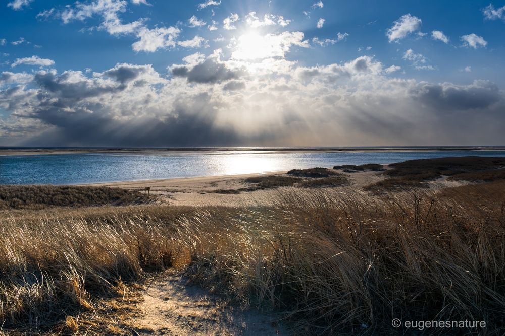 Sun rays breaking through a snow shower over the Atlantic Ocean. 