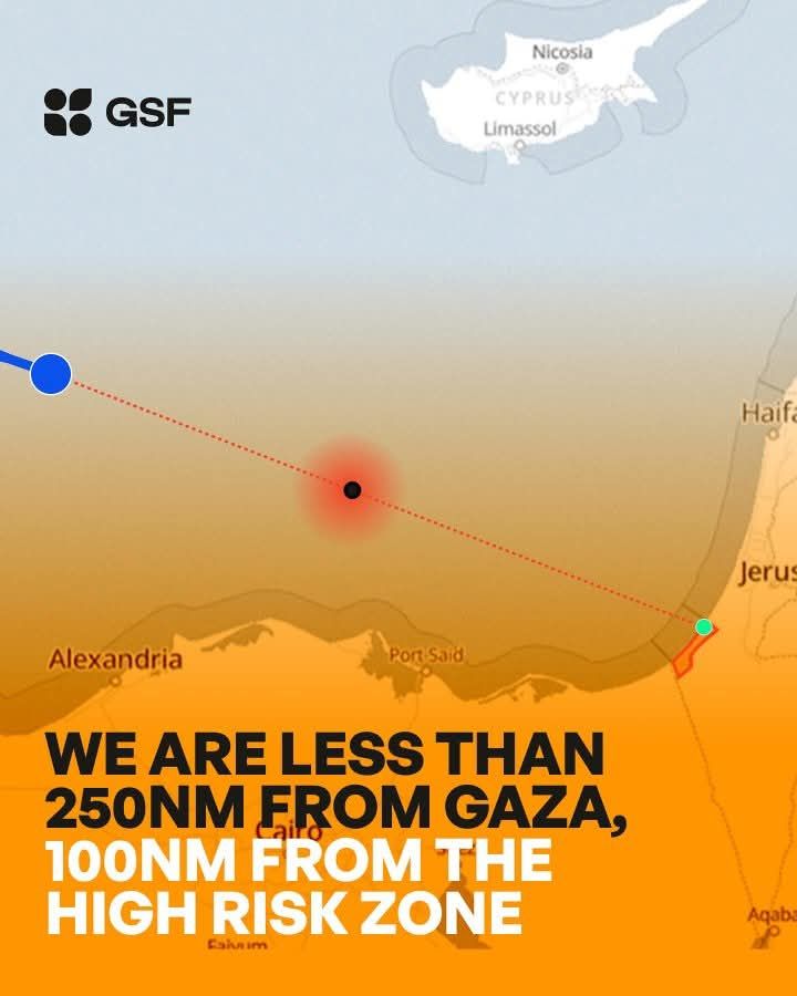 Map of the Mediterranean showing the location of the Flotilla. It reads: WE RE NOW LESS THAN 250NM FROM GAZA, 100NM FROM THE HIGH RISK ZONE.