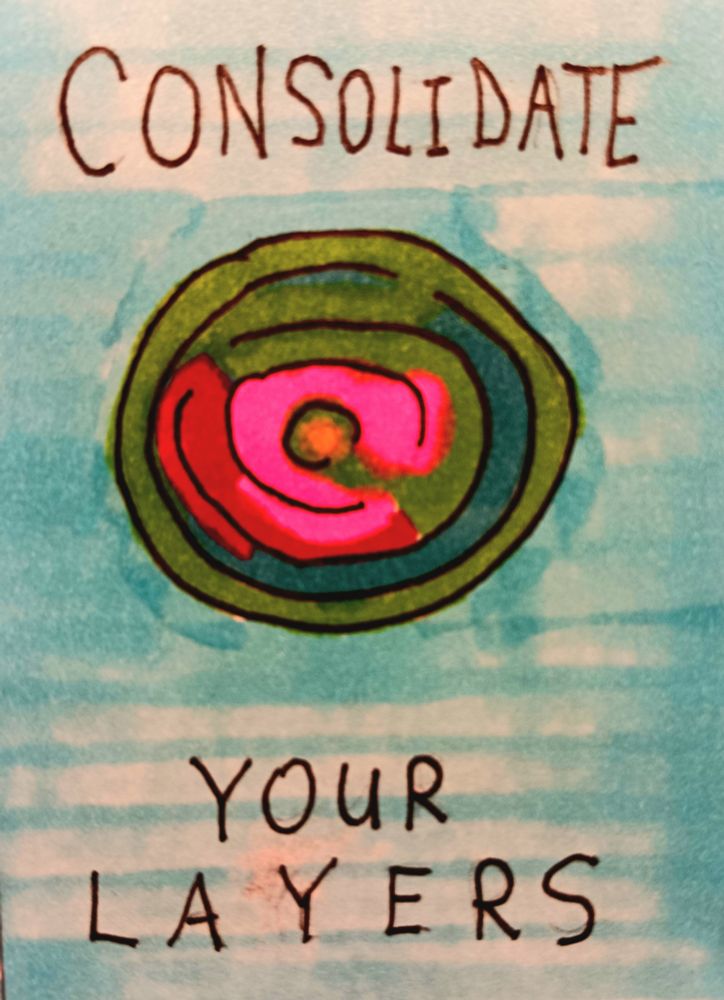 A circle with smaller circles inside, and occasional breaks so it's like a maze. The outer layer is all green, and the green seems to be seeping through the holes until it is pressed up against the yellow-orange in the center. The text reads "CONSOLIDATE YOUR LAYERS"