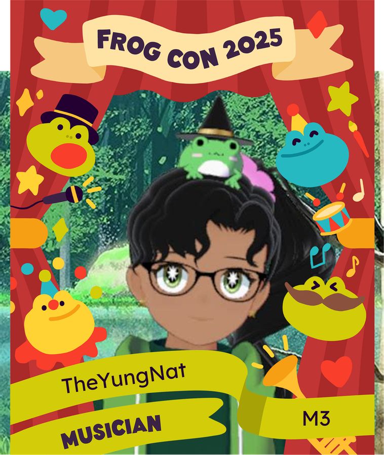 An open set of red curtains with little circus froggy heads, mini sparklers, a microphone and drums frame the reveal of a Musician: TheYungNat! The top of the curtain frame had a beige ribbon that says “Frog Con 2025” and the bottom framing ribbons say “Musician”, “TheYungNat”, and M3 (artist alley table number). In the revealed middle space, there is a vtuber against a forest background. The vtuber has green star eyes, glasses, medium-dark skin tone with black hair that is tied in a side ponytail in a pink scrunchie. They are wearing a dark green top with a lighter green jacket, and have a little frog with a witch hat on their head