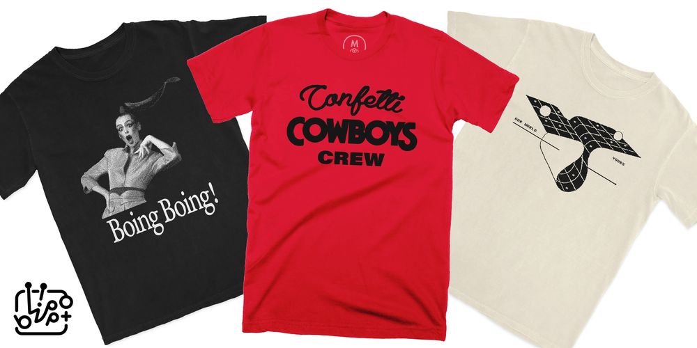 black shirt with Neomie Lifto saying Boing Boing! Red shirt saying "Confetti Cowboys Crew." Beige Cubis shirt showing a graph of bent space.