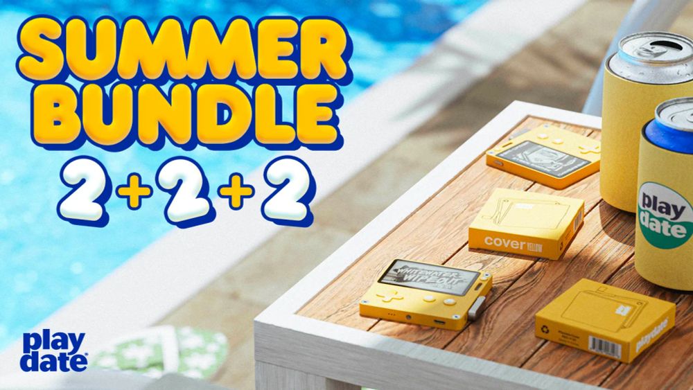 Summer Bundle: 2+2+2. Two Playdates, two yellow Cover boxes, 2 cans inside can coolers, on a side table by the side of a pool