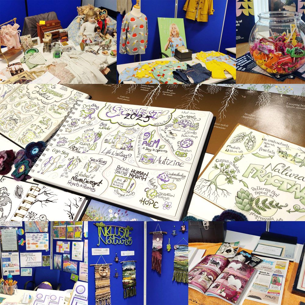 SketchNote of the event with snapshots of the in person exhibition, including, ethical clothing, vintage dolls, weaving, zines and dog showing.
