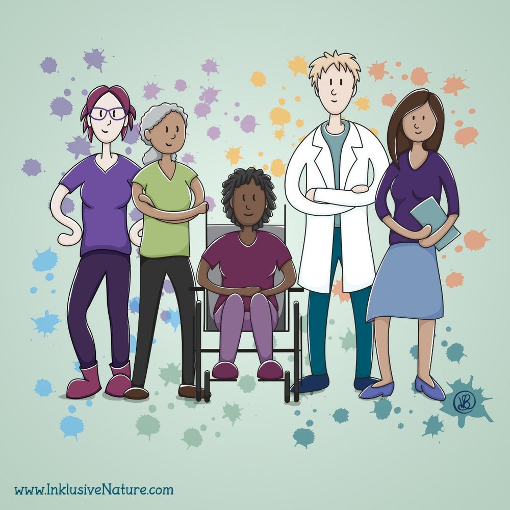 cartoon of five diverse women and/or non-binary people 