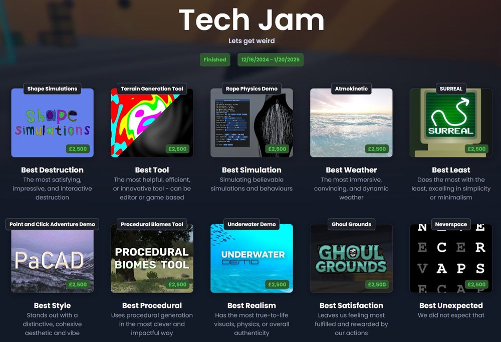 A list of each category of s&box Tech Jam 1 showing each winner. Rope Physics Demo has won Best Simulation.