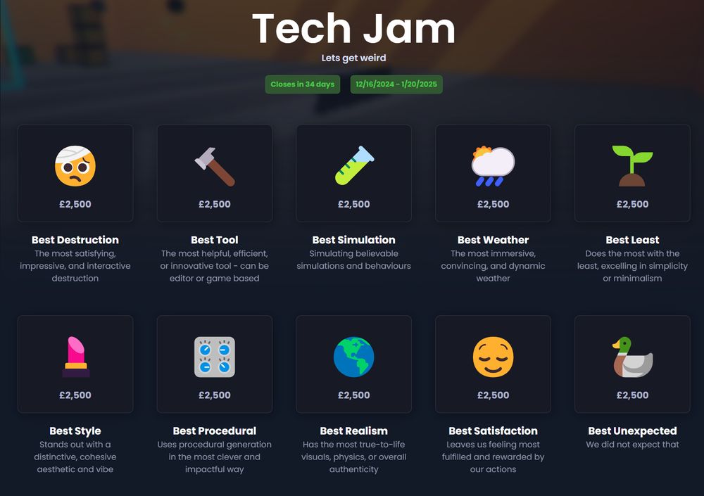 A screenshot of the s&box "Tech Jam" contest categories as shown on sbox.game