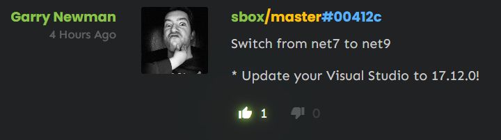 A screenshot of a git commit by Garry Newman on the master branch of sbox. The commit message reads "Switch from net7 to net9" and "Update your Visual Studio to 17.12.0". The commit hash begins with 00412c. The commit is dated four hours ago.
