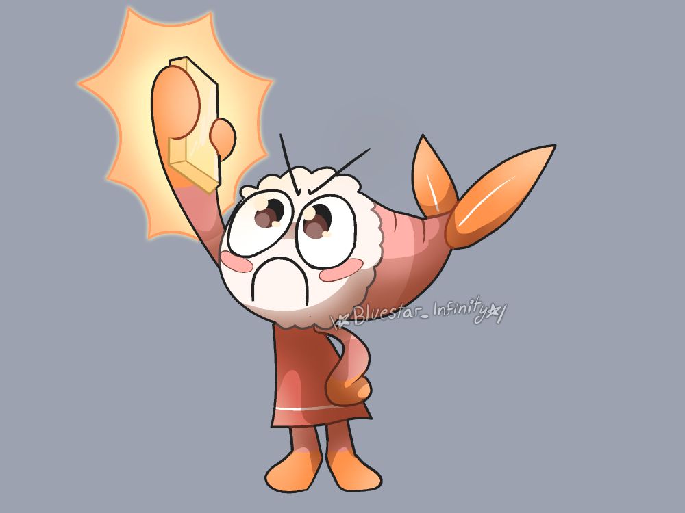Shrimpo holding the golden brick