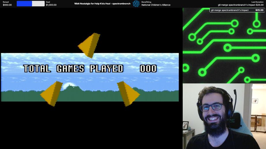 The finale screen of Zelda: Link to the Past with Total Games Played 000 which means no resets and no deaths. Spectrumbranch is smiling in the photo.