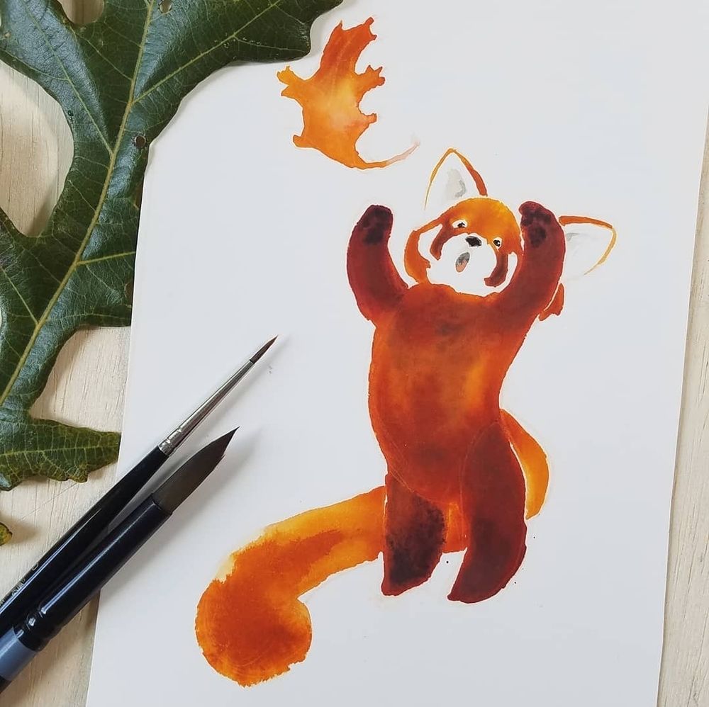 A red panda trying to touch an orange falling leaf in amazement.