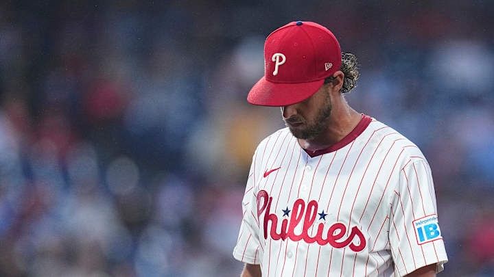 Phillies Right Handed Pitcher Aaron Nola looking downcast after once again giving up 1,000 home runs in a single game in 2025