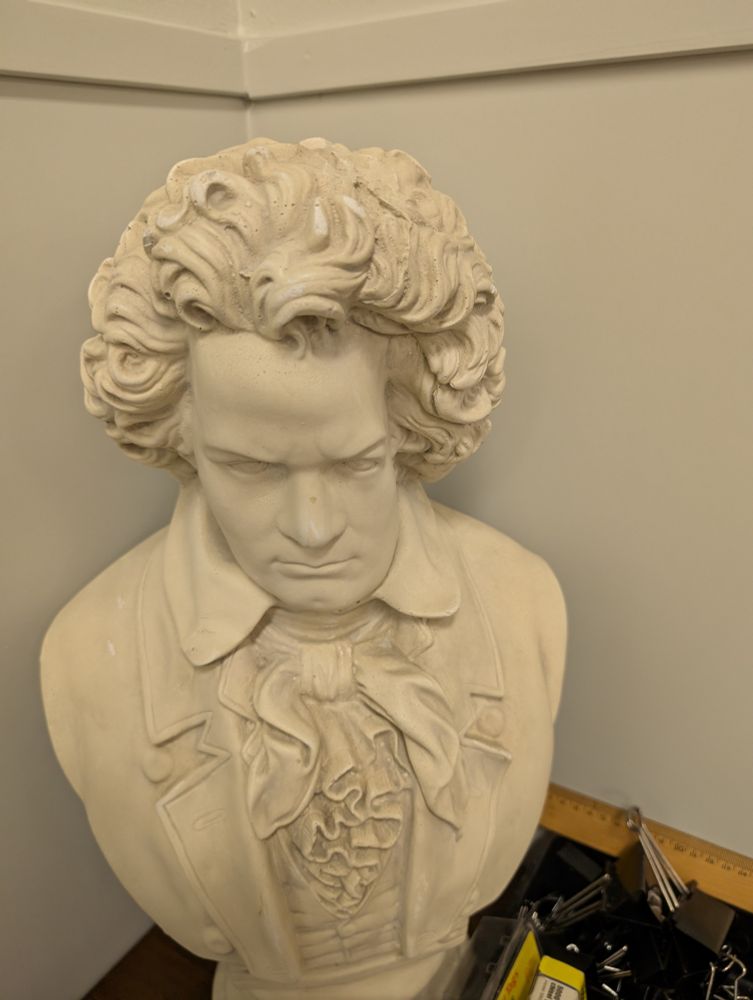 A bust of Beethoven with his head smashed in