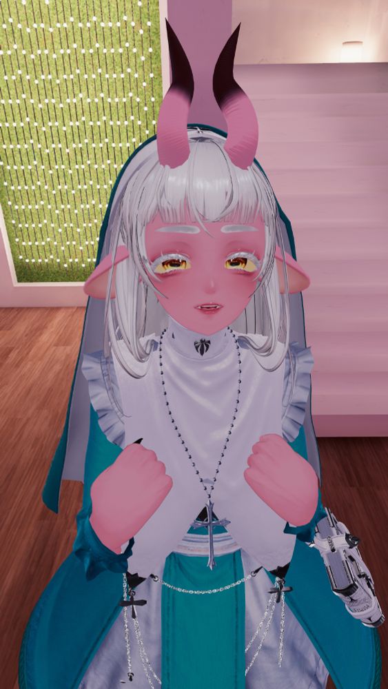 [Tyranny] A demon girl with pink skin, white hair, and small horns, wearing a blue and white nun outfit with a rosary, looking at camera.