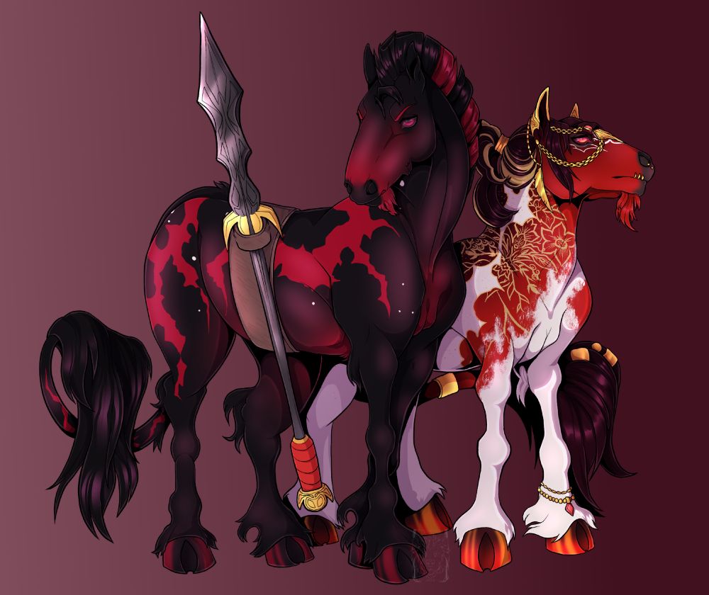 Digital drawing of the arpg horse breed "Dungeon Coursers". There are two horses, the one in the front is black with red markings while the one in the back is red and white with gold filigree markings on the neck. They're both facing right, though the black horse is looking left. The black horse has a black and gold spear on their body. Both characters have somber expressions.