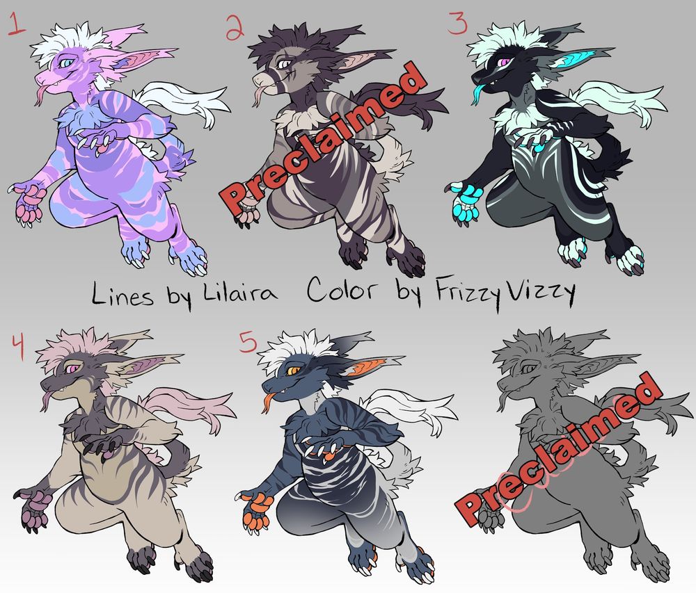 Sheet of 6 anthro vernids, all with different designs. Vernid base by Lilaira, color by me (frizzyvizzy)