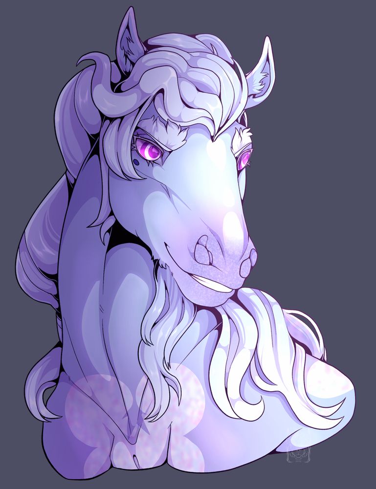 Digital furry drawing of a horse (feral) with a blue and purple coat, purple glittery skin, and white markings. They have a curly mane and a beard. They're facing the viewer while their head is tilted slightly to the right. They have hypnotic-like pink eyes, and are looking right.