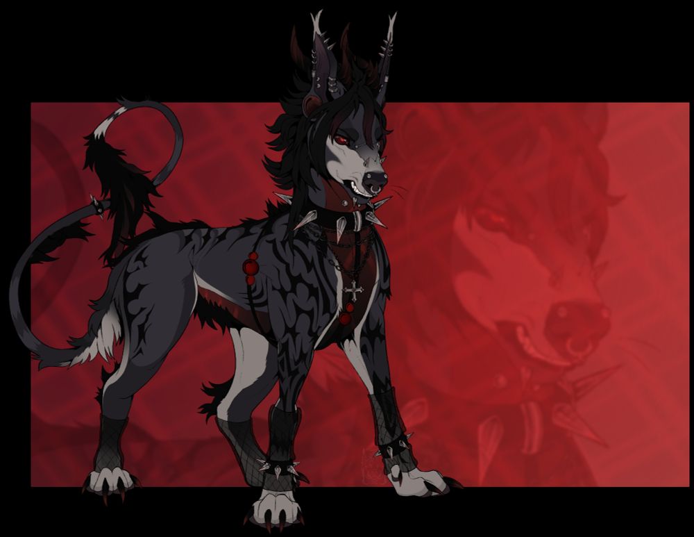 Digital furry drawing of a hellhound/dog (feral) with horns and hair, wearing some accessories. They have gray, cream, and black-colored fur with black-and-red hair, pointed ears with earrings, and red eyes with black sclera. They're standing facing right, with head tilted slightly down and a scowl on their face.