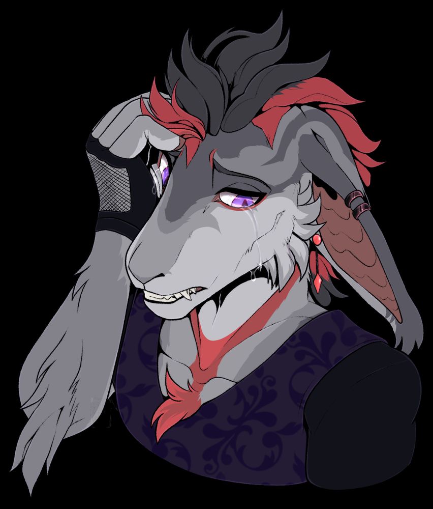 Digitally drawn, bust-up furry anthro oc, of an open species "vernid". The character has gray and red fur and purple eyes. They're facing left with thier right hand up on their face, with a sad expression and tears running down both cheeks. They're wearing black and purple clothing.