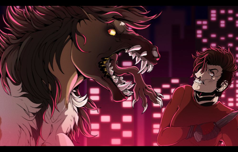 Digitally drawn artwork. On the left is a horse-like creature with canid teeth, snarling with its tongue extended, facing right. On the right is a human, facing left, with brown hair and wearing a red shirt, holding a knife. The piece is cell-shaded, with a pink city-scape background.