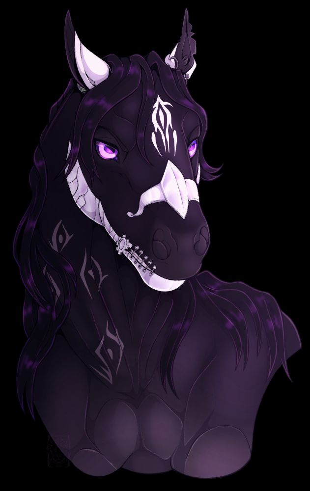 Digital furry drawing (feral) of a black horse with white ears, and white and gray markings. They have metal on their snout and along their jaw. They're facing the viewer with their head facing right in a 3/4 view, staring ahead. They have pink-purple eyes. The whole thing is cell shaded and has a pinkish overlay.