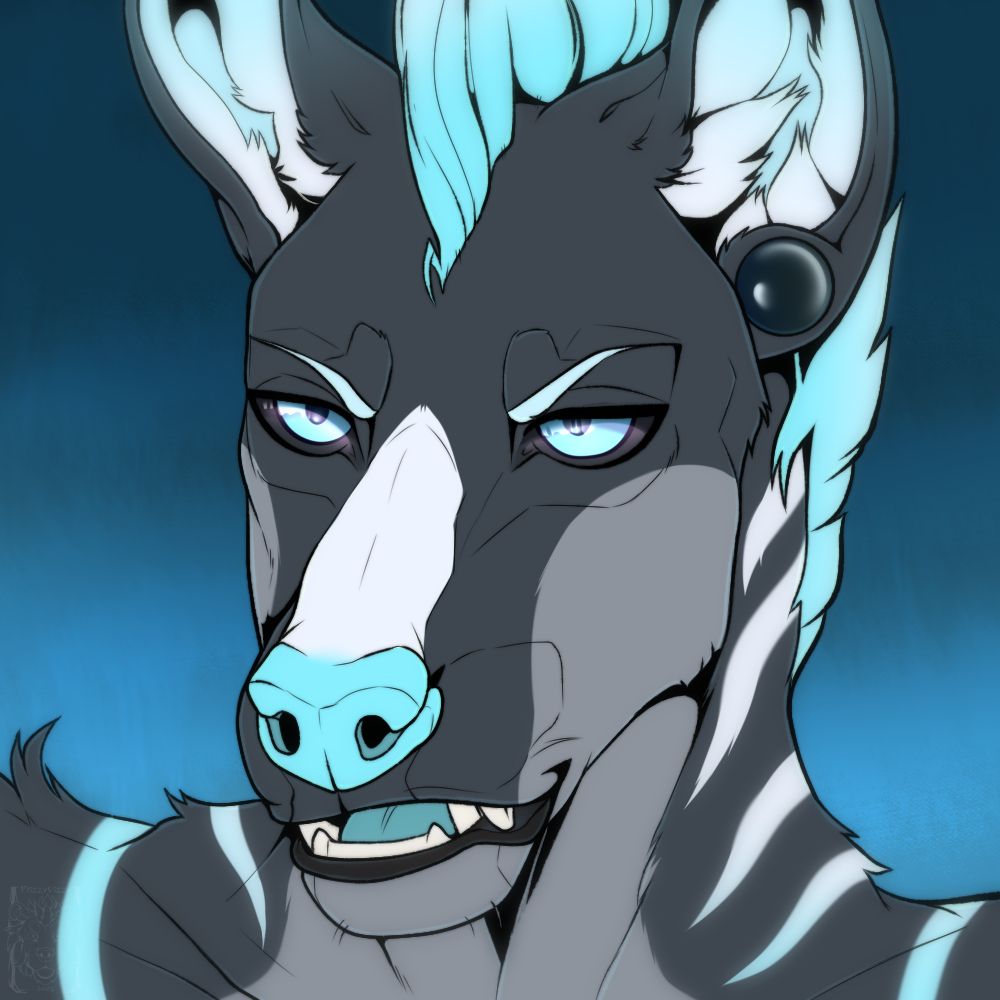 Digital furry (anthro) icon of a gray and blue hyena, smirking and looking forward. set on a textured blue background.