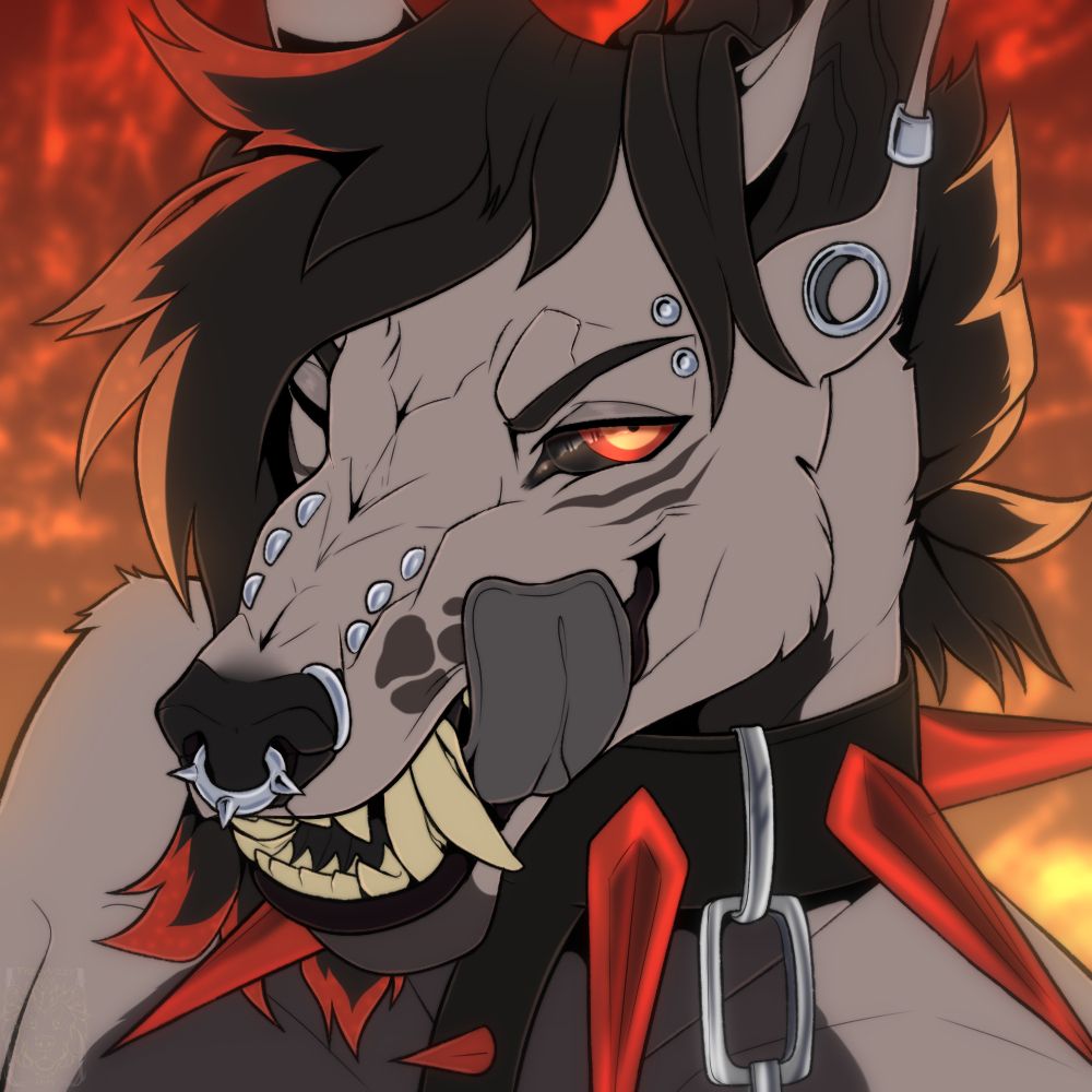 Digital furry icon of a gray-brown ibizan hound with black hair. They're snarling and licking the side of their muzzle. They're wearing a black collar with red spikes. Set on a red and orange glowing background.