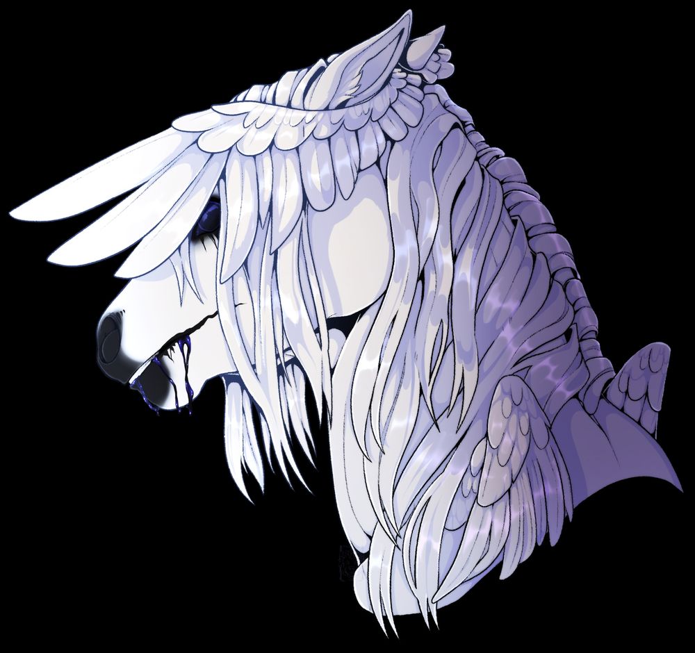 Digital furry drawing of a white horse (feral) with black skin, a long white mane, and white wings on its head and shoulders. They're facing away from the viewer, with their head tilted to the left to look at the viewer, peeking through feathers of one of their head-wings with a black eye. 