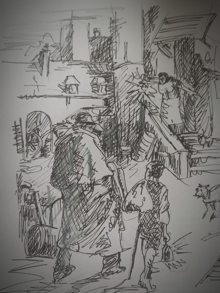 Esquisse réalisée à partir du tableau Le bon samaritain de Maximilien Luce. Un homme vêtu d'une guimbardine et d'un chapeau porte un enfant. Il est accompagné par un autre enfant qui marche à ses côtés une lanterne à la main. Plus loin, sur un perron, une femme les attend en tendant une lanterne. La scène semble se dérouler dans la cour d'une ferme. 