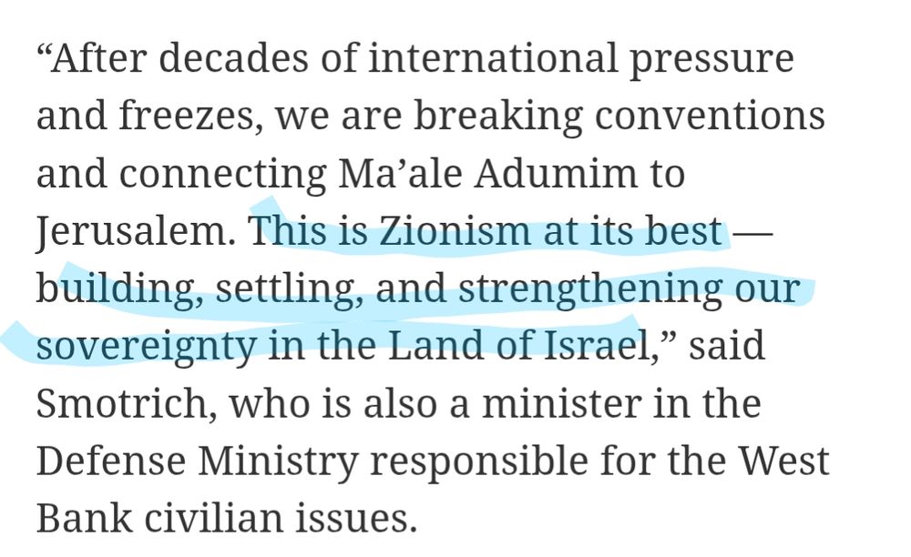 “After decades of international pressure and freezes, we are breaking conventions and connecting Ma'ale Adumim to Jerusalem. This is Zionism at its best building, settling, and strengthening our sovereignty in the Land of Israel,