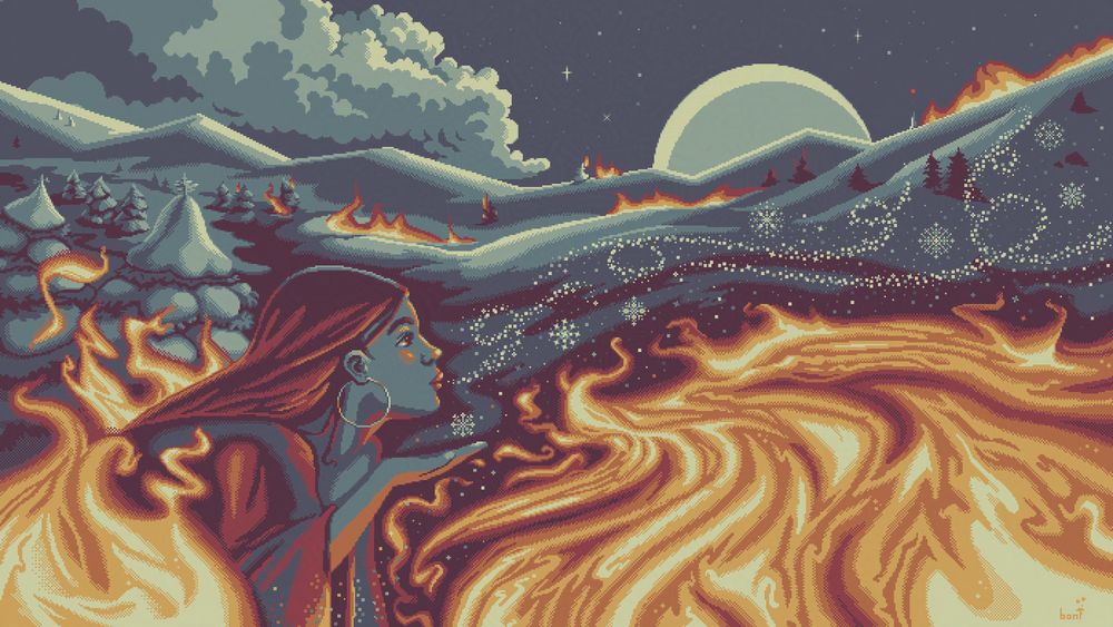 pixel art of a woman surrounded by fire, she is blowing gently against it, snowflakes scatter above. the background is a snowy landscape,  scattered trees in the distance are dotted with fire.